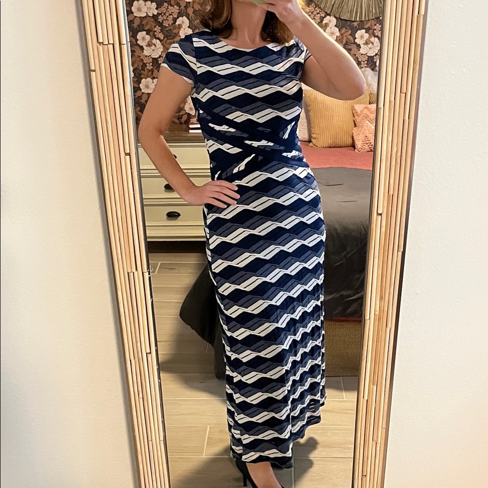 Beige by eci Navy and White Chevron Maxi Dress
